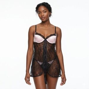 Victoria's Secret Sexy Black Lace One Piece Babydoll Dress Sheer Lingerie Sz 36B